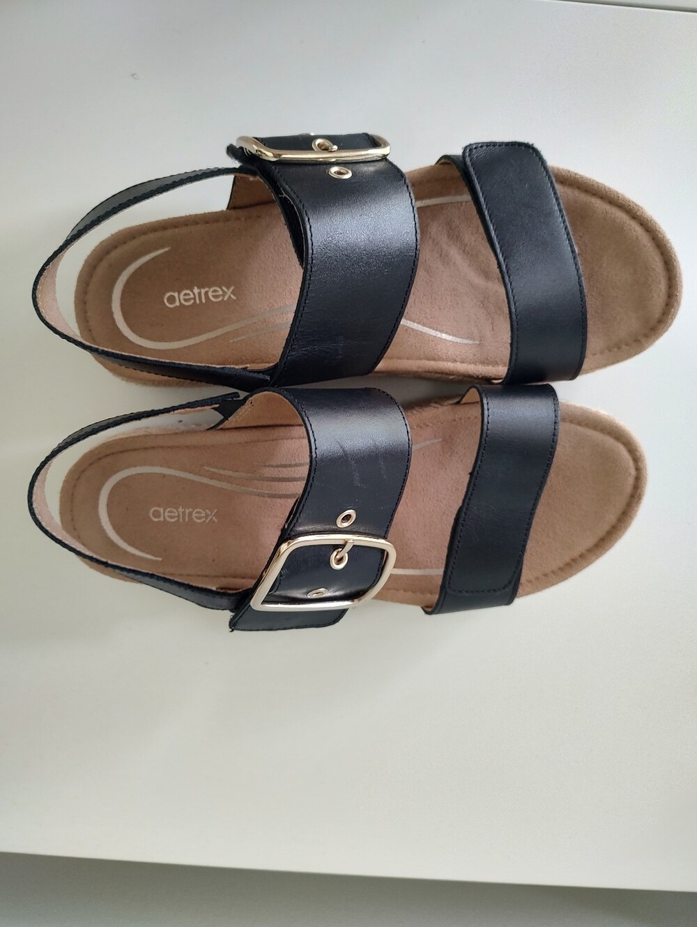 Aetrex Vania Black Leather Arch Support Espadrille Platform Wedge Sandal Size 7 - Picture 6 of 11